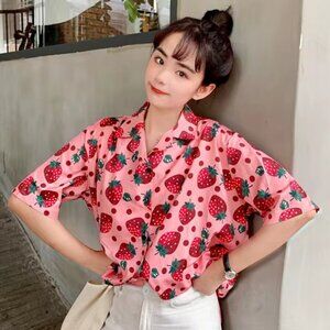 Like New Women's XS Pink Strawberry Button Down Shirt